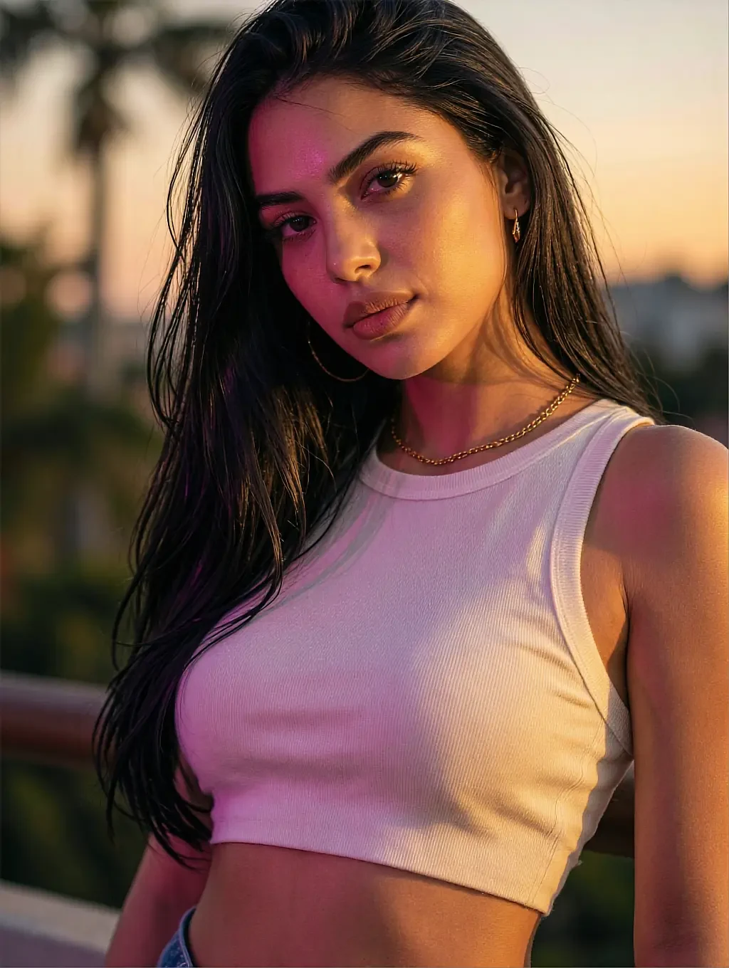 Fictional AI character in a white tank top facing low golden sunset light
