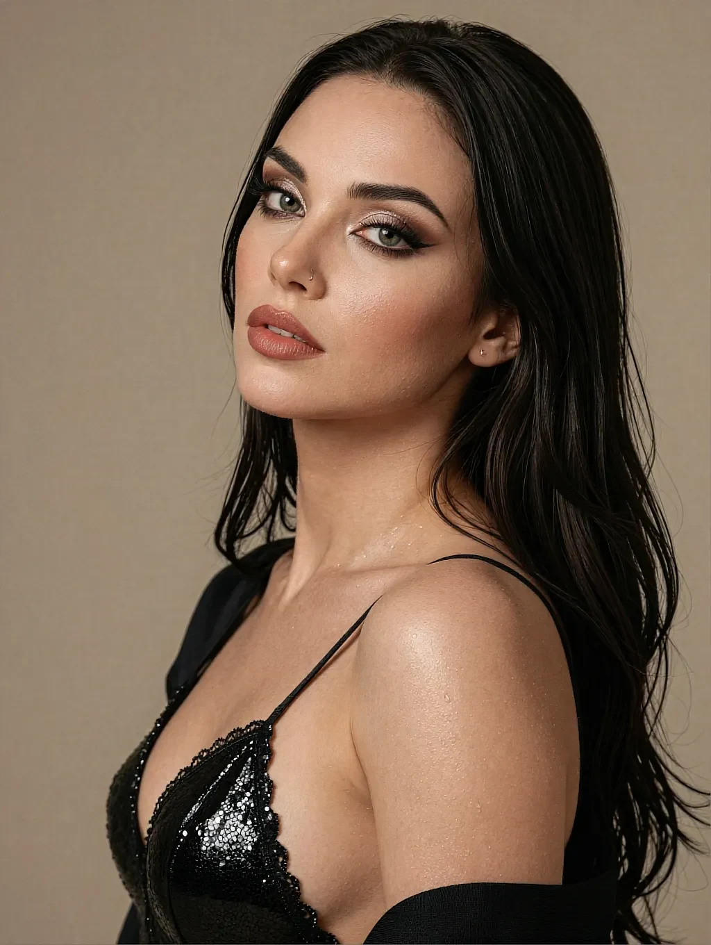 Fictional AI character in a black lace top photographed against a plain beige studio backdrop