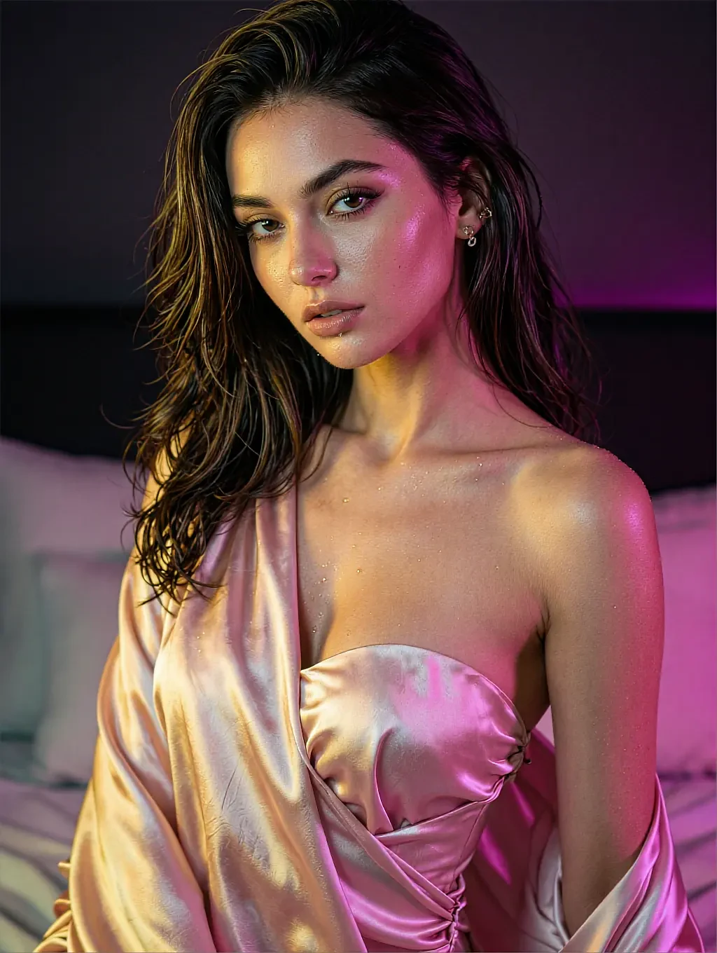 Fictional AI character in a pink satin robe in a magenta-lit bedroom
