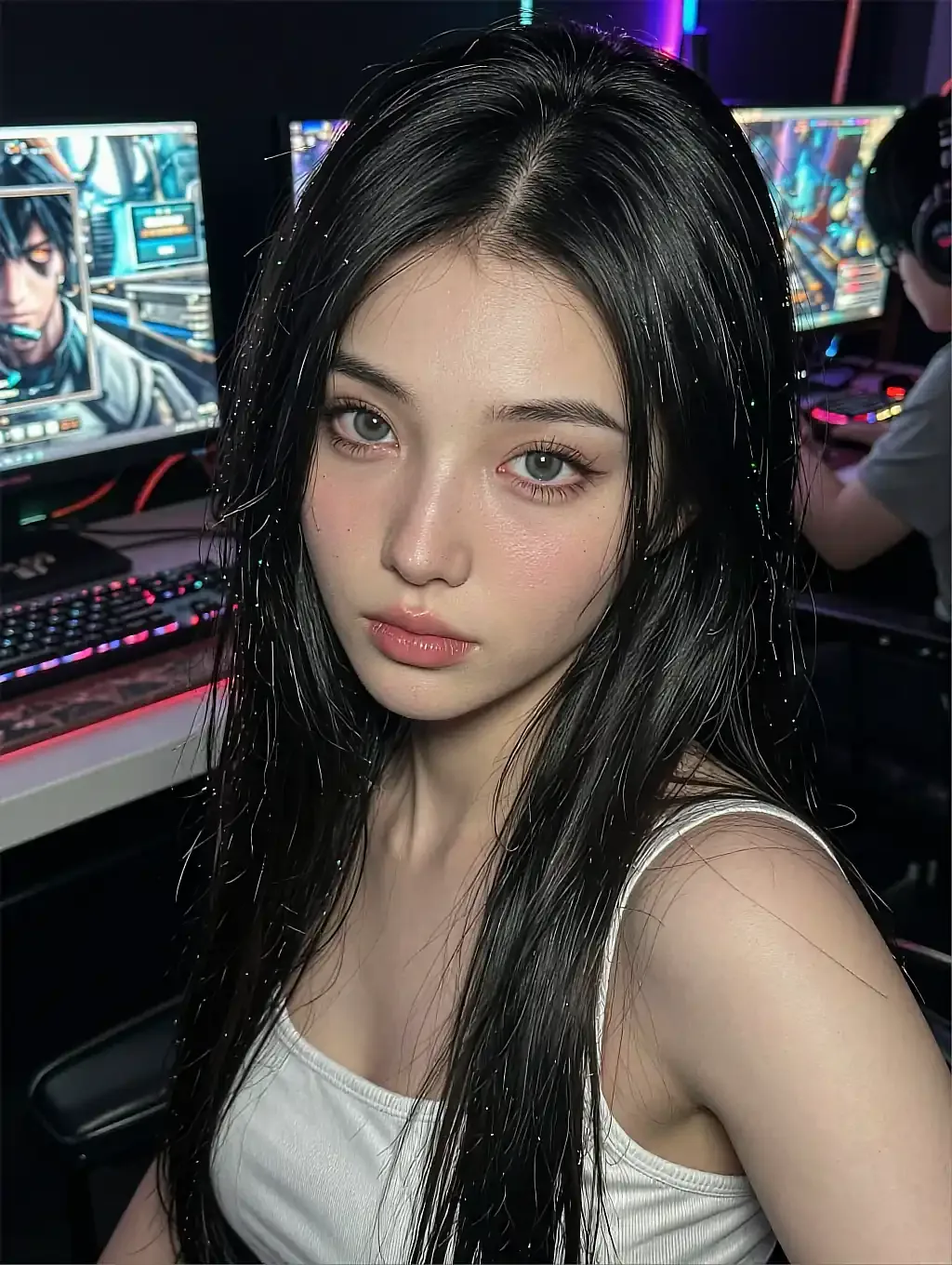 Fictional AI character in a white tank top at a busy gaming-cafe desk, looking up at the camera